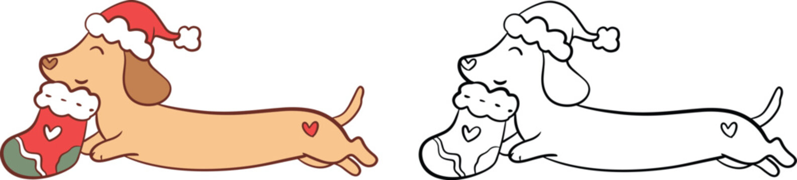 Christmas Dachshund Carrying Stocking Vector Clipart Set, Color and Outline