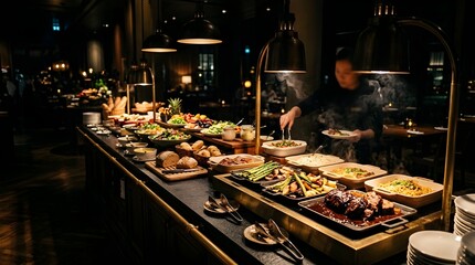 Obraz premium A lavish buffet spread with a chef serving food, showcasing a wide variety of dishes and culinary delights in an elegant setting