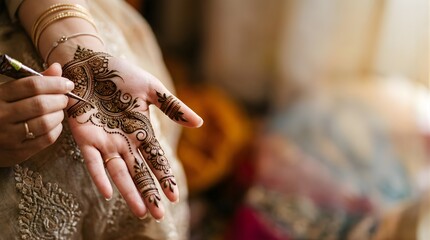 Obraz premium Female artist applying traditional henna pattern on hand for wedding ceremony
