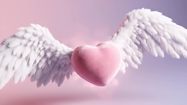 Floating Pink Heart with White Angel Wings Against a Soft Pastel Gradient Sky