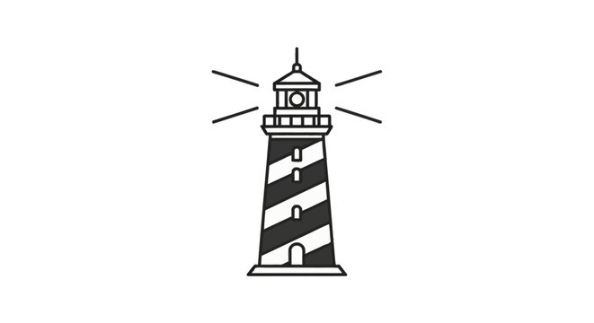 Minimalist monoline lighthouse logo vector icon featuring a striped tower with light rays from the lantern room. Black and white nautical design isolated on white background.