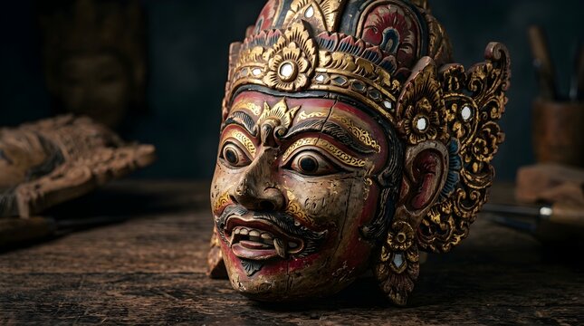 Traditional musical instrument and wooden kris sheath ornament paired with ornate Balinese mask in a close up view