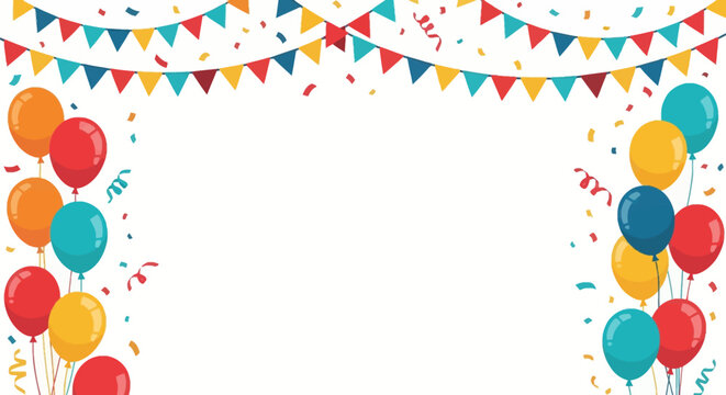 Horizontal vector background with colorful balloons in red yellow and blue, hanging triangular pennant bunting across the top, and scattered confetti on a white backdrop frame.