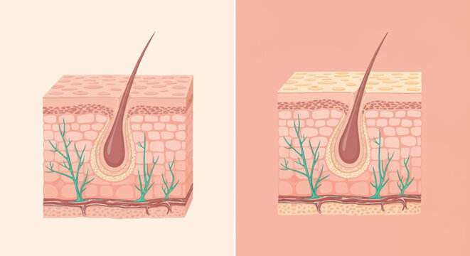 Medical illustration of human skin anatomy cross-section showing epidermis, dermis, hair follicle, subcutaneous layer, blood vessels, and nerve endings on a solid background.