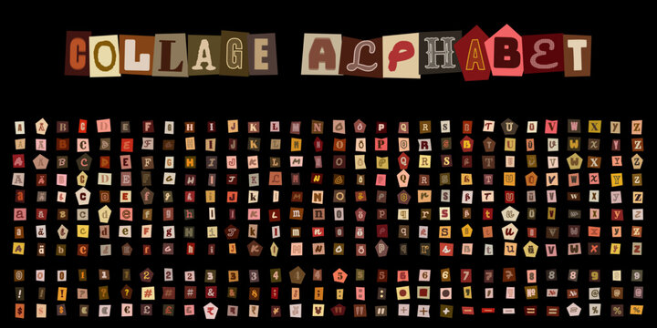 Collage Alphabet, Erpresserbrief Buchstaben Set, ausgeschnittene Zeitungsbuchstaben fuer kreative Designs und Typografie Projekte