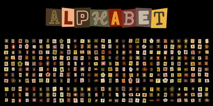 ALPHABET ausgeschnittene Buchstaben und Zahlen im Erpresserbrief Stil fuer kreative Collagen und grafische Designs
