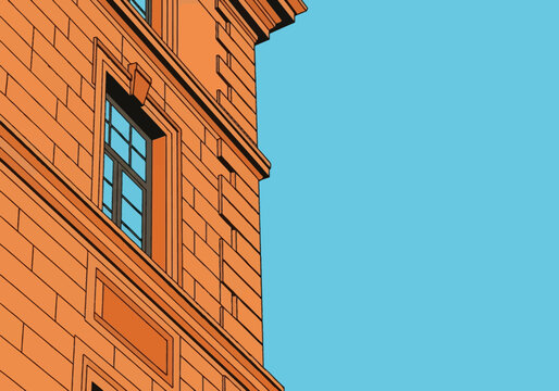 Architectural vector illustration of a vintage building corner featuring orange masonry and a single window against a bright blue sky background in a clean flat graphic design style.