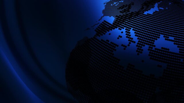 A spinning blue digital grid world map sphere over a sleek ambient broadcast backdrop. Custom built for television news intros, journalism promos, and global events.