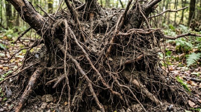 Close up view uprooted tree root ball with tangled fibers