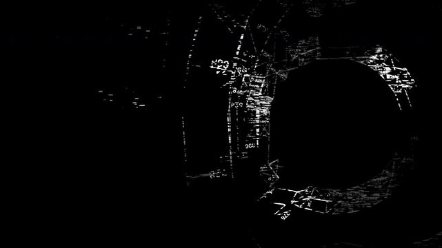 Grungy abstract interface machinery tracking lines and text data inside a circular wheel framework. Best for retro cyberpunk scenes and technical breakdown clips.