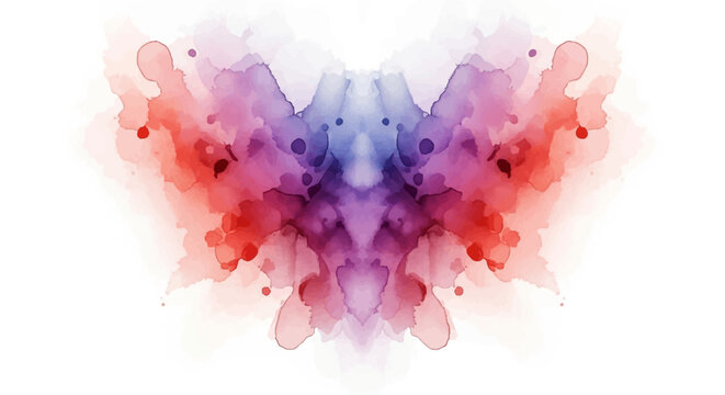 Abstract symmetrical watercolor splash with vibrant red, purple, and blue ink bleeds on a white background, featuring Rorschach style paint drips and splatters for artistic design.