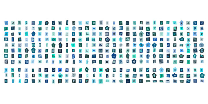 Blaue Erpresserbrief Buchstaben Set, ausgeschnittene Zeitungsbuchstaben fuer kreative Typografie und anonyme Nachrichten Designs