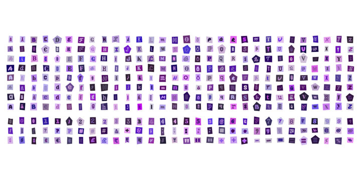Erpresserbrief Buchstaben Set, ausgeschnittene lila Zeichen fuer kreative Collagen, Designelemente fuer anonyme Nachrichten und Poster
