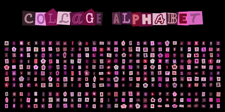 Collage Alphabet, ausgeschnittene Buchstaben und Zahlen im Erpresserbrief Stil, kreatives Set fuer Designprojekte und Typografie