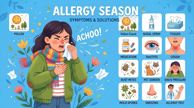 A woman experiences allergy season symptoms and solutions with sneezing and red eyes due to pollen, dust mites, pet dander and mold spores