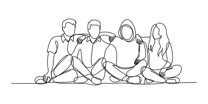 Group of diverse friends sitting together, arms around each other, one person wearing a hijab, continuous line drawing