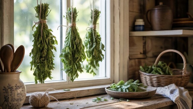 Rustic kitchen windowsill with bundles of drying lovage herbs on a wooden surface in soft afternoon light. menu design.
