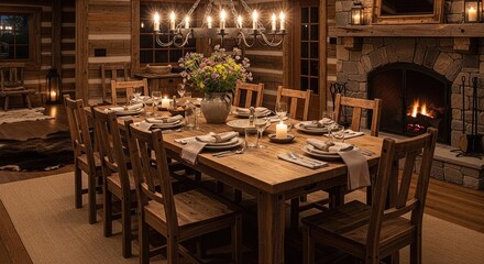 Fototapeta premium Elegant dining table set for a large gathering with a fireplace in background