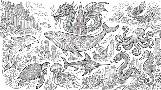 Intricate underwater coloring page vector, mythical sea creatures and ocean animals collection, detailed line art of whale and dragon