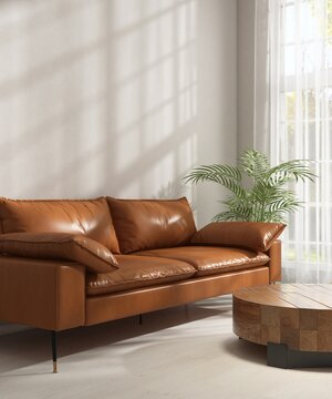 Modern, luxury living room with brown leather sofa, wooden coffee table on hardwood floor in sunlight from sheer curtain with garden view for minimal interior design decoration, product background 3D