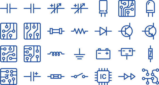 Blue vector illustration set featuring various electronic circuit symbols and technical diagrams for electrical engineering design
