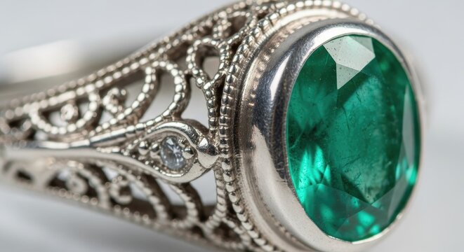 Elegant emerald ring with intricate filigree details on white background