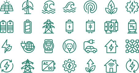 A comprehensive set of green energy vector icons featuring sustainable power sources and electrical technology elements © Septarim