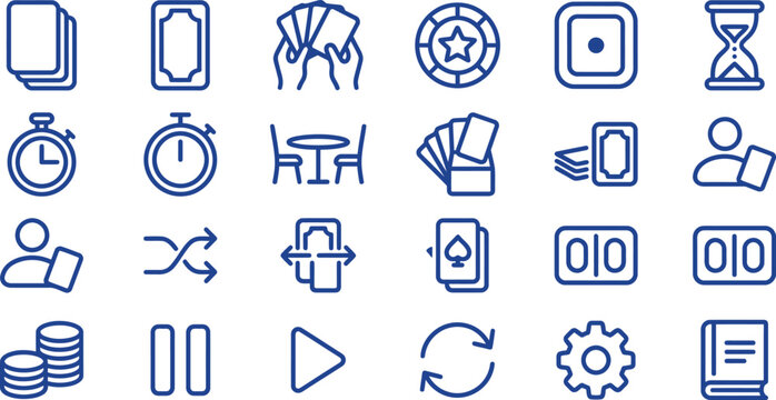 Blue outline vector icon set showing various gambling card game symbols on a clean white surface