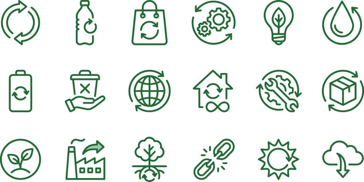 Green vector illustration set featuring various eco friendly sustainable recycling icons for modern professional design projects