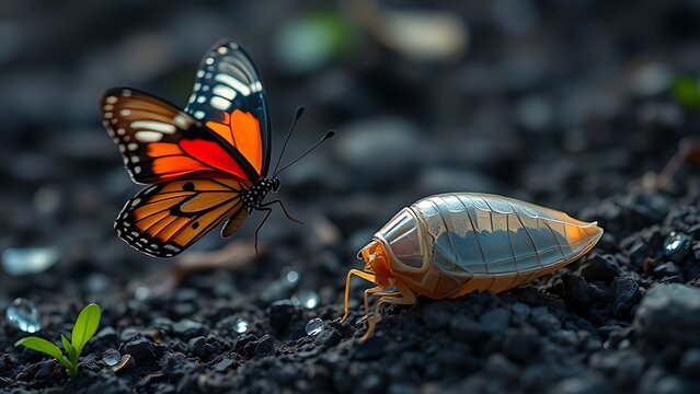 cicada. Vibrant butterfly taking flight beside an empty cicada shell in soil. wildlife magazines, conservation campaigns, designed for nature documentaries and education, used by motion designers.