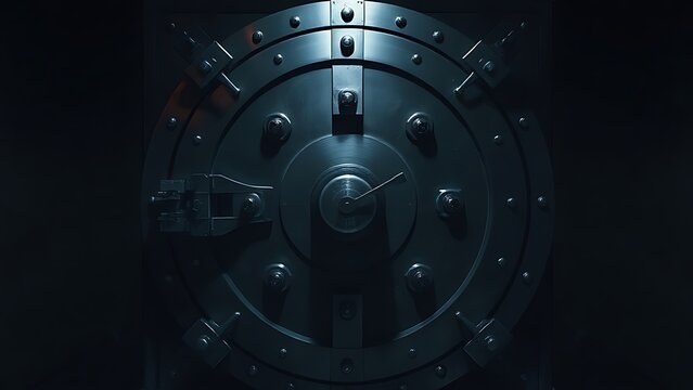 impregnable. A massive steel vault door with a narrow slit of light escaping from the seam in a dark room. real-estate listings.
