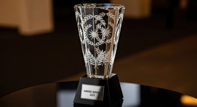 Elegant glass trophy on a black base with floral etching against dark background