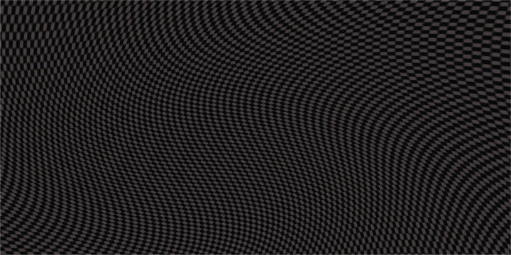 Dark abstract wavy checkerboard background, distorted black and grey grid pattern vector texture