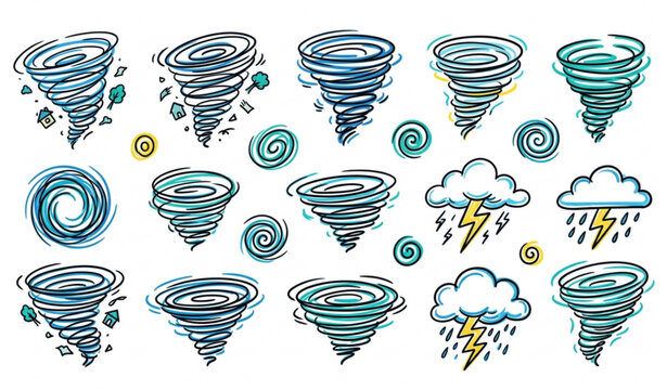 Scribble Storm Swirl and Doodle Tornado Cyclone Vector Illustration Set