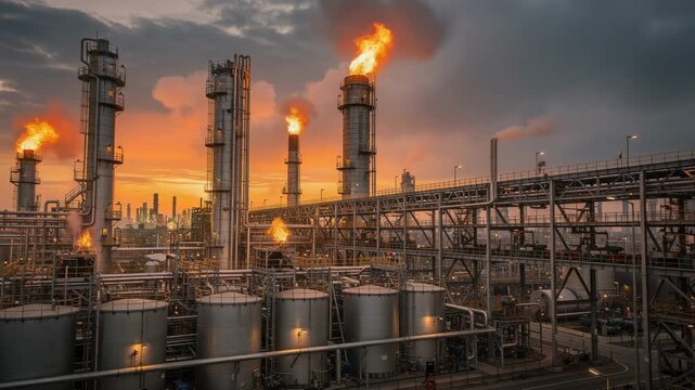 Industrial refinery at sunset with towering smokestacks releasing flames and steam in a vast complex