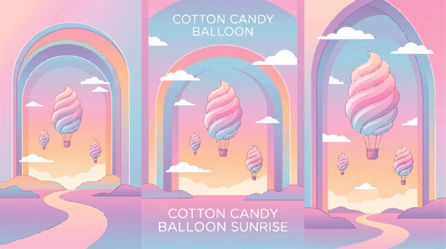 Vibrant cotton candy balloons float amidst colorful clouds and rainbows in a dreamy landscape with arches.