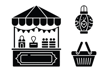 Obraz premium Traditional market stall icon set with shopping basket and hanging lantern, shopping