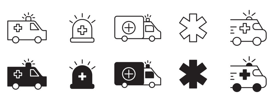 Ambulance Icon Set - Ambulance Emergency Vehicle Medical Transport First Responder Icons