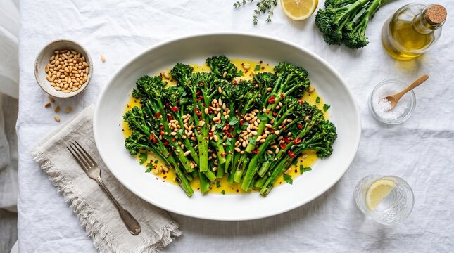 Delicious broccolini dish with pine nuts chili flakes and lemon dressing served on a white oval plate with fresh ingredients around