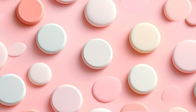 Objets circulaires aux couleurs pastel sur fond rose