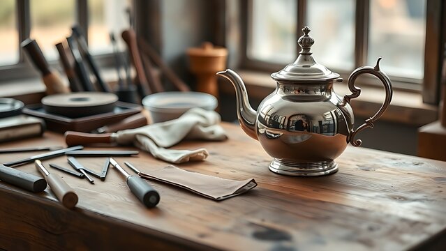 silversmith. Silversmith's wooden workbench with tools and a gleaming silver teapot in progress, soft window light. safety posters.