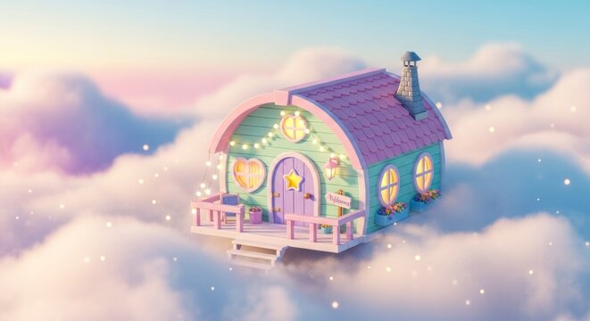 Illustration charmante d'une maisonnette f&eacute;&eacute;rique dans les nuages, avec des d&eacute;tails fantaisistes
