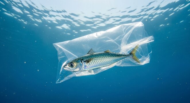 Poissons pris au pi&egrave;ge dans un sac en plastique, concept de pollution environnementale sous-marine