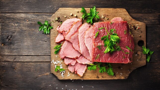 Raw Beef Roast with Sliced Cuts on Wooden Board Garnished with Parsley Salt and Pepper