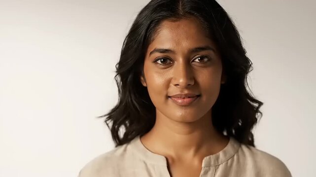 Portrait of a young Indian woman with dark wavy hair smiling gently.