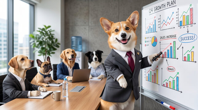 Dog Business Team in a Meeting - Corgi Leading a Presentation on Growth and Success
