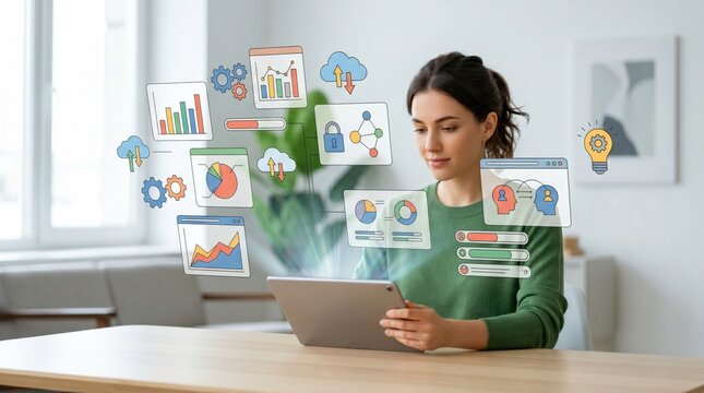 Businesswoman analyzing data on tablet with holographic icons, financial charts, and cloud computing symbols floating in air for modern office concept.