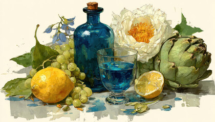 Watercolor Still Life with Blue Bottle and Produce © Evdoha