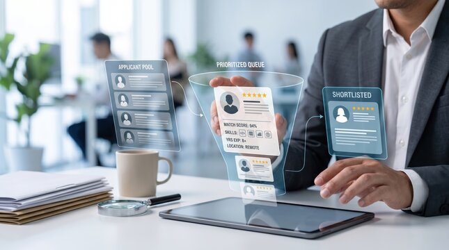 Businessman using tablet to filter applicant pool through prioritized queue funnel, selecting shortlisted candidates for interview