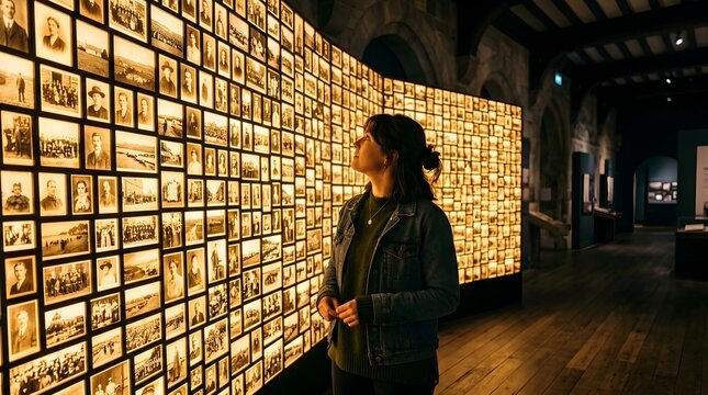 Woman Observing Illuminated Historical Photographic Wall Display in Museum
